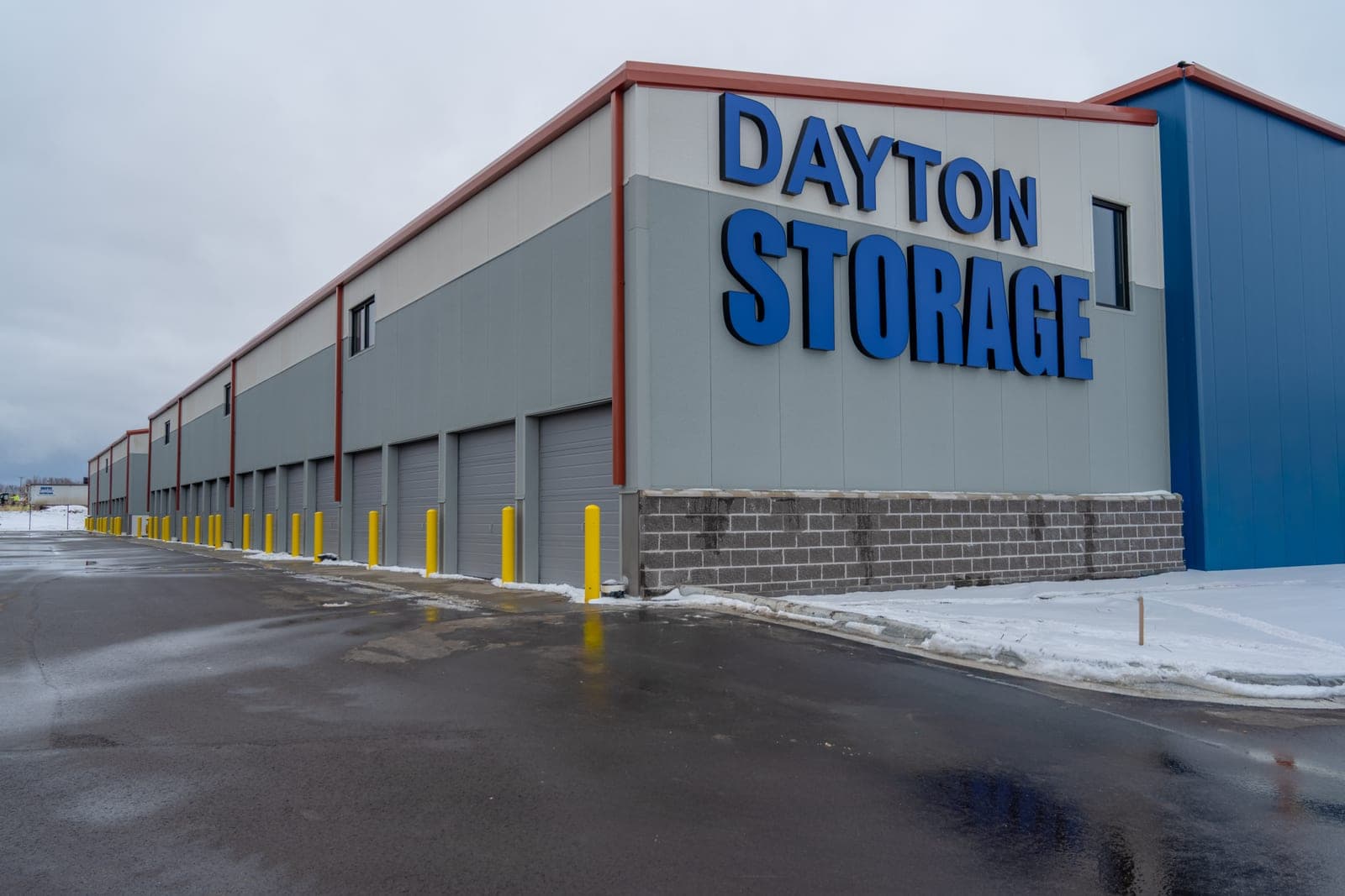 Exterior of the Dayton Storage steel mini-storage facility with roll-up doors in Dayton, Nevada